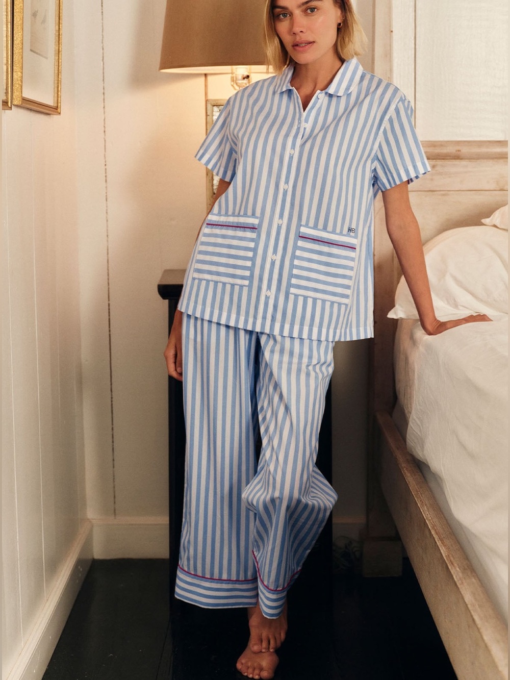 LAKE PJ SET Poplin Piped Short-Long Set in Baltic Blue Beam Stripe Size Medium
